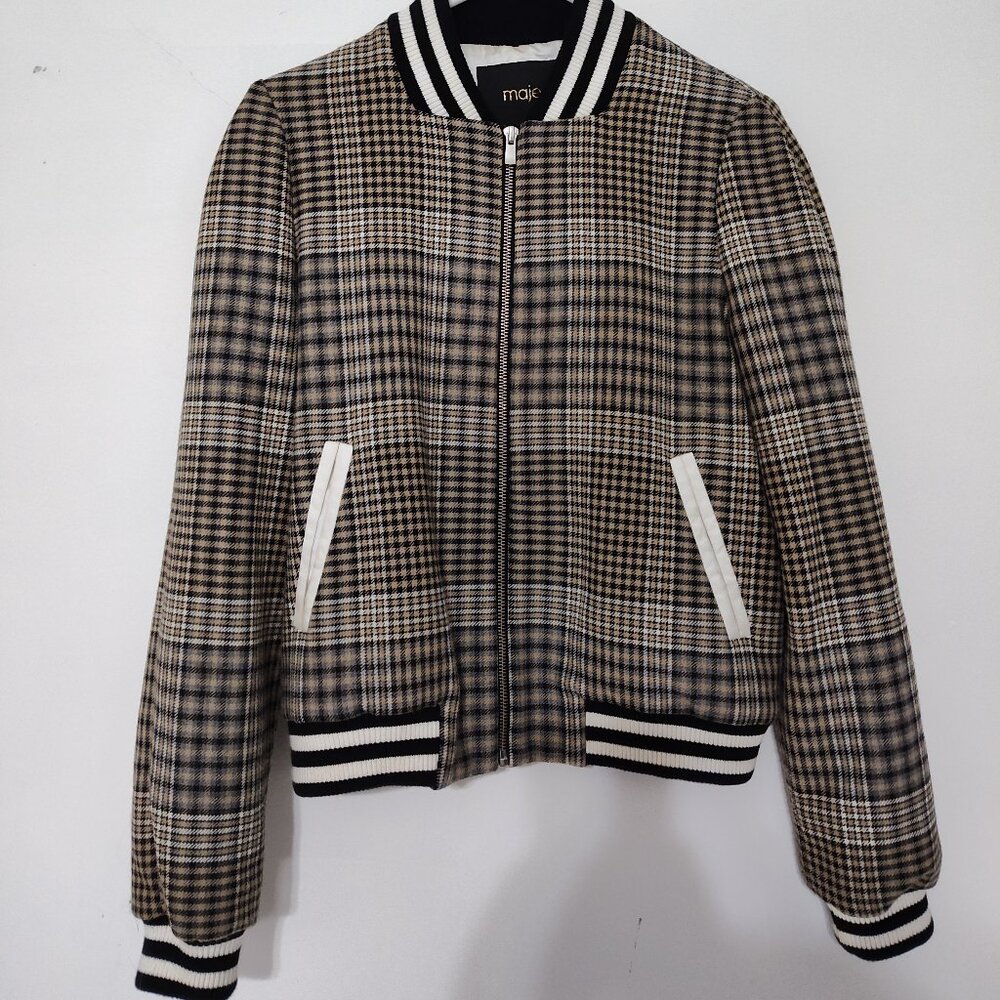 Maje Black White Tan Brown Plaid Letterman Style Jacket Classic Trendy 40 Large
